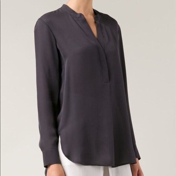 Vince Half Placket Grey Silk Tunic long sleeve vneck blouse - Picture 1 of 14